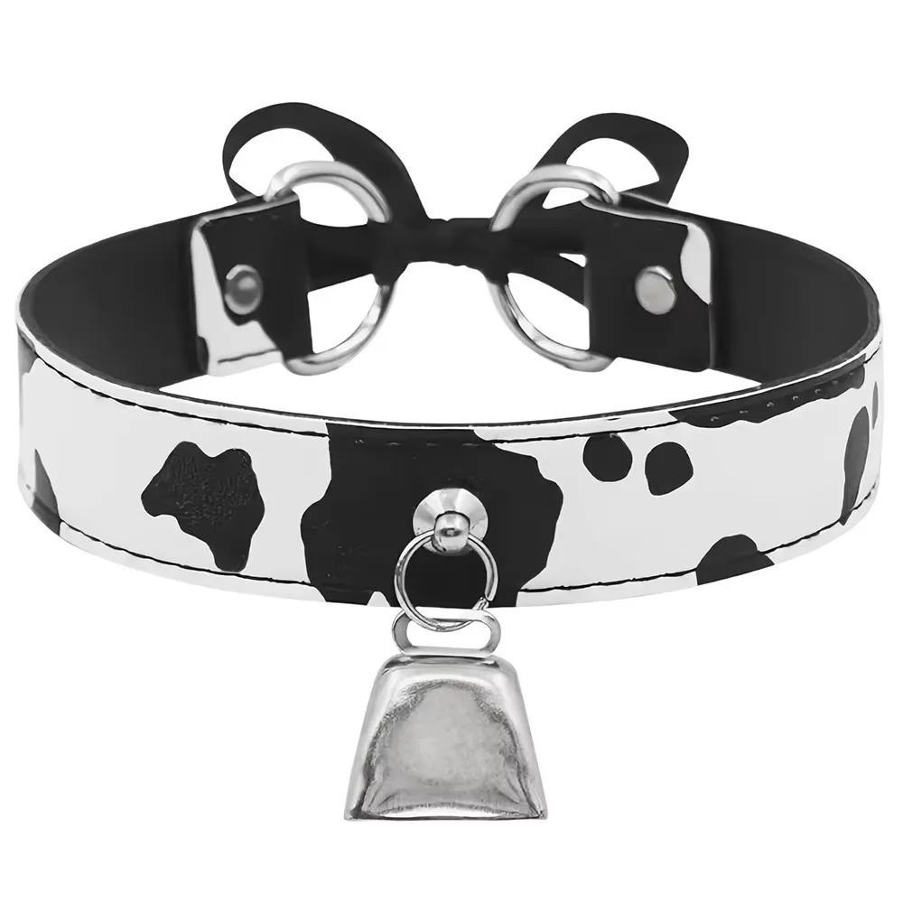 Fashion Leather Choker Cow Print Adjustable Bell Collar Bow Necklaces