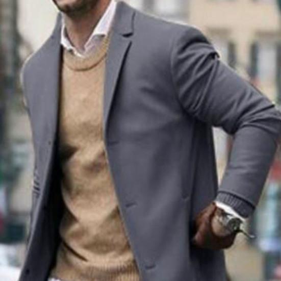 Мужская ветровка с лацканами, длинный рукав, однобортная теплая верхняя одежда с карманами, однотонная куртка средней длины, пальто