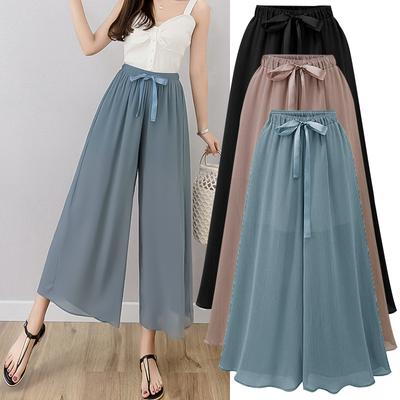 (S~10XL) Летние однотонные свободные широкие длинные брюки для женщин, эластичные длинные брюки с высокой талией и оборками, повседневные дышащие легкие мягкие удобные брюки плюс