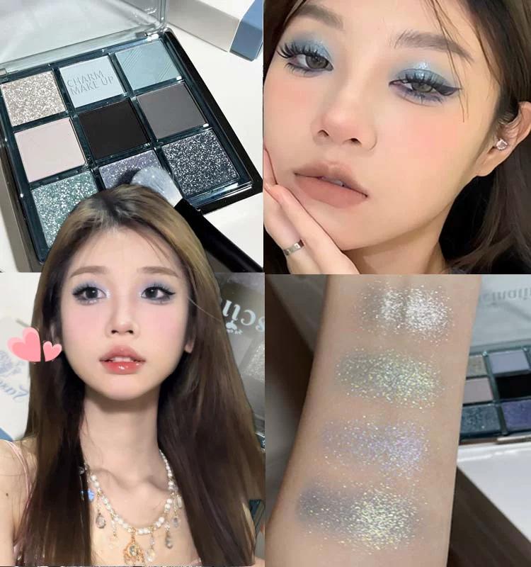 Low-Saturation Ice-Clear Baby Blue Small Smoky Eyeshadow Palette Matte Pearlescent Glass Crushed Diamond 9-Color Eyeshadow Set Multi-Color
