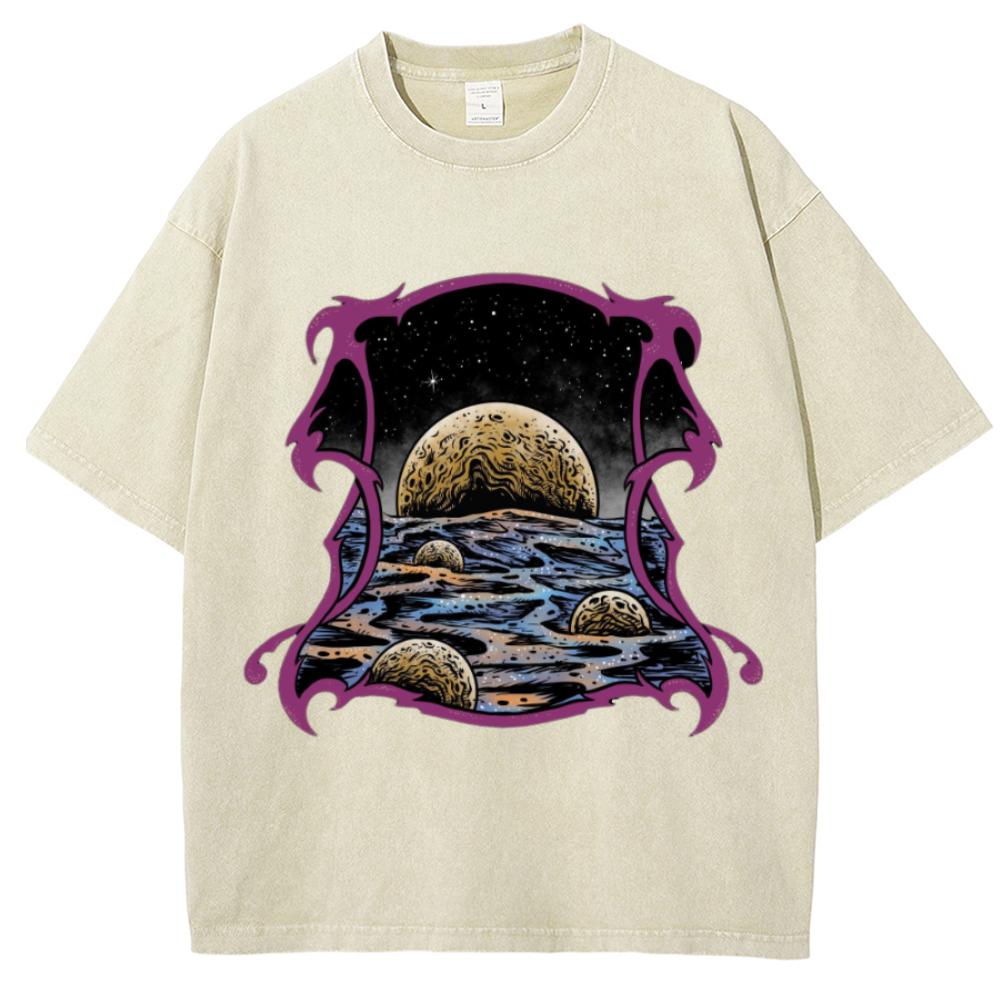 Cartoon Cartoon Style Outer Space Print Women's T-Shirt Washed Denim Oversized Loose Short Sleeve Unisex Couple