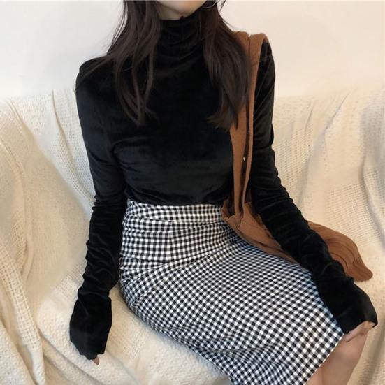 Женская блузка, однотонная водолазка с длинным рукавом, приталенный холодостойкий пуловер, плюшевая пригородная футболка, нижняя рубашка