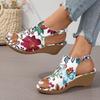 Printed Buckle Sandals Women's Large Size Summer Flower Wedge Heel One Word Fish Mouth Large Size Sandals