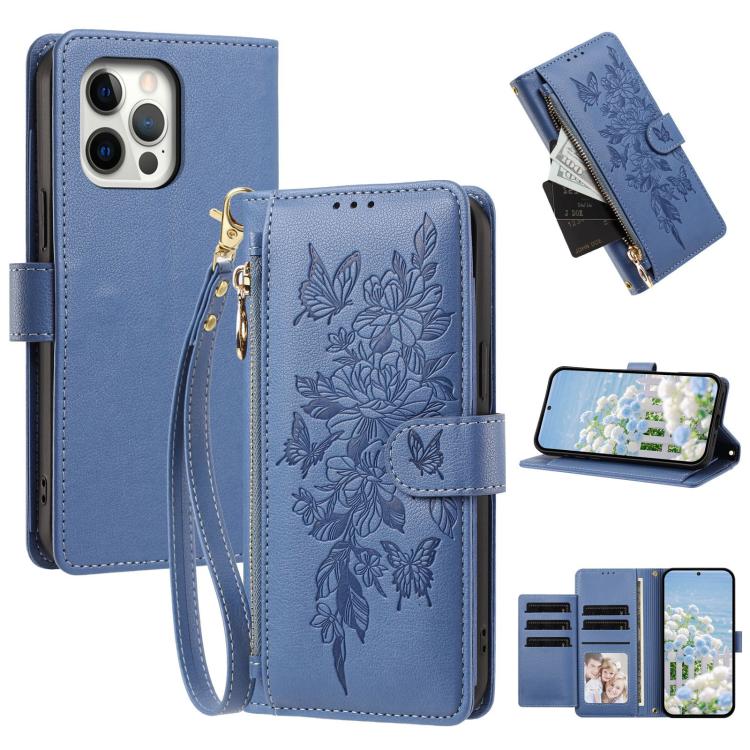 Butterfly Flower Zipper Wallet Vegan Leather Phone Case with Strap For iPhone 15 Pro Max