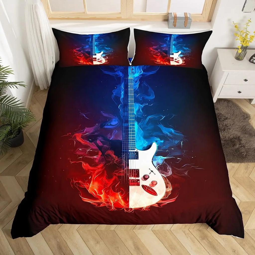 Music Guitar Duvet Cover King Queen Black White and Grey Graffiti Bedding Set Musical Notes Comforter Cover Musical Quilt Cover