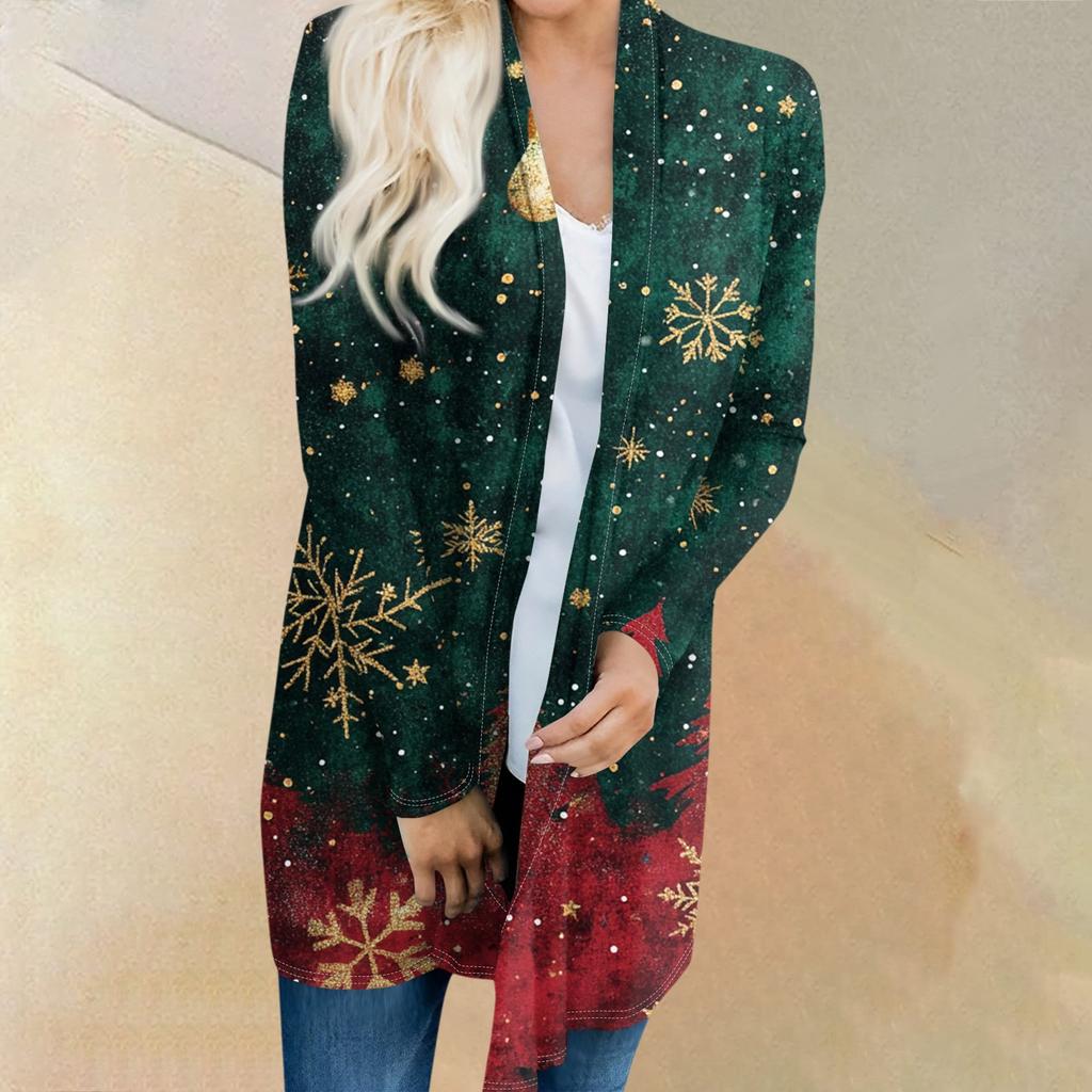Женская мода повседневная куртка-кардиган средней длины с принтом рождественской елки