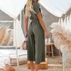 Women Summer Fashion Button Belted Wide Leg Jumpsuits With Pockets Solid Color Short Sleeves V Neck