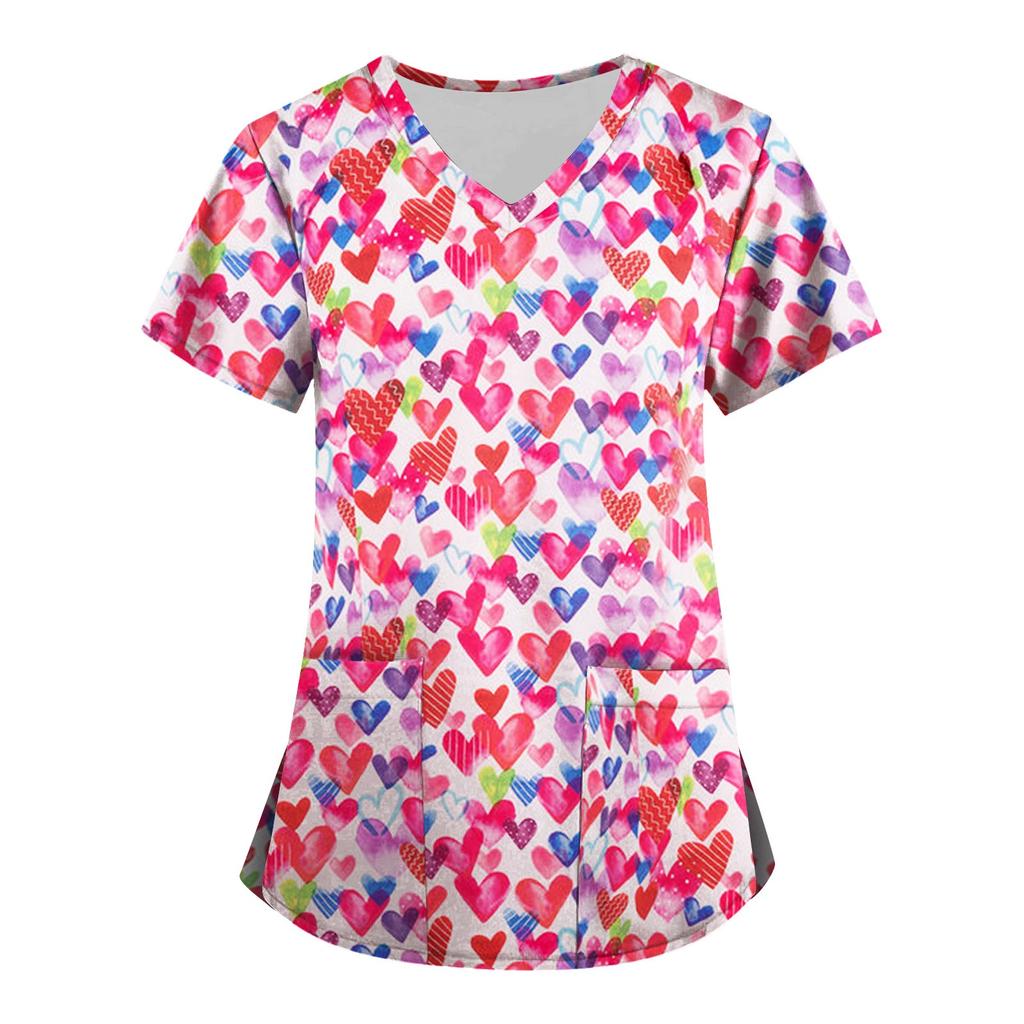 Женская мода с v-образным вырезом, короткими рукавами и карманами, топы с принтом