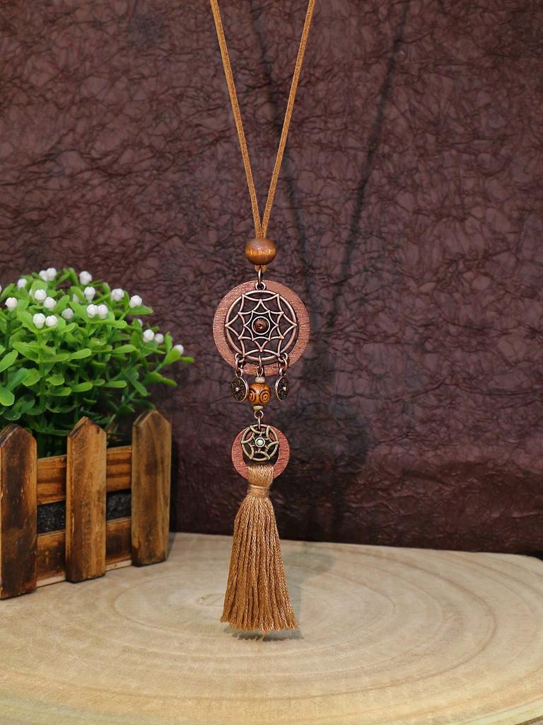 Богемный отпускной стиль Деревянное ручной работы ожерелье с подвеской из бусин Длинная цепочка для свитера Кисточка из ПУ кожи Бохо украшения Подходит для женского повседневного ношения