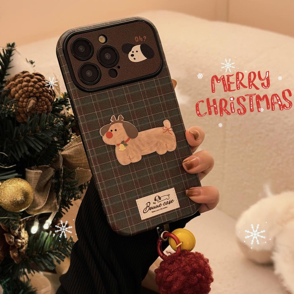 Retro Checkered Suits Apple 16 Mobile Phone Case IPhone 15 Christmas Puppy 14promax Leather 13 Plush Rope