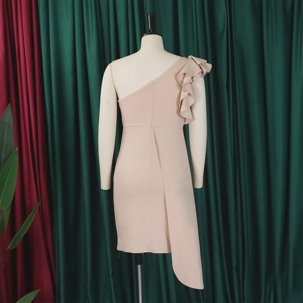 D393 Women's Summer Fashion One-Shoulder Ruffle Pencil Skirt Dress