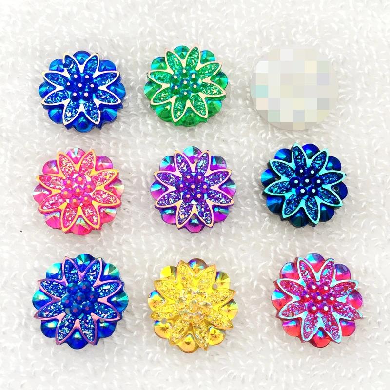20pcs 18mm Round Flower AB Resin Crystal Strass Applique and 2 Holes Buttons for Diy Clothing - HA27