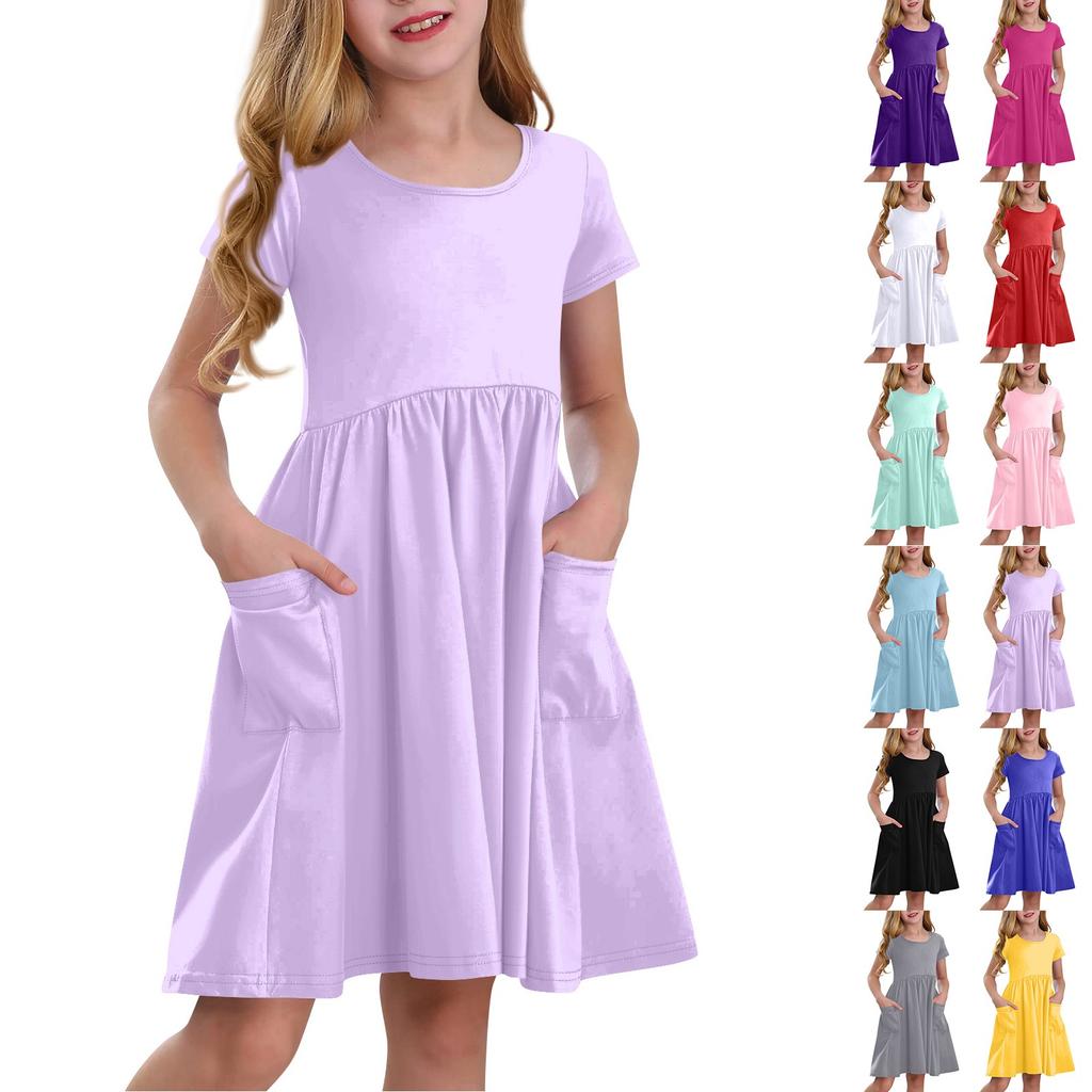 Children's Skirt Round Neck Short Sleeve Princess Dress Fashion Casual Pocket Dress For Girls