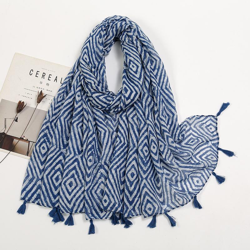 Fresh Printed Cotton and Linen Feel Tassel Scarf Shawl for Summer Ladies Long Scarf Travel Beautiful Long Silk Scarf
