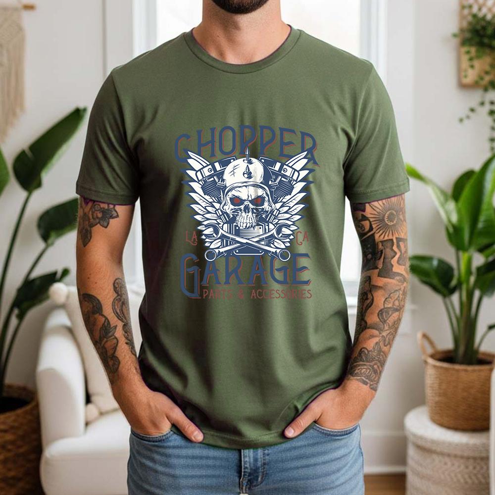 2026 New Summer Unisexs Casual Short Sleeve Cotton Tee Chopper Garage Skull Print Biker Daily Wear Streetwear