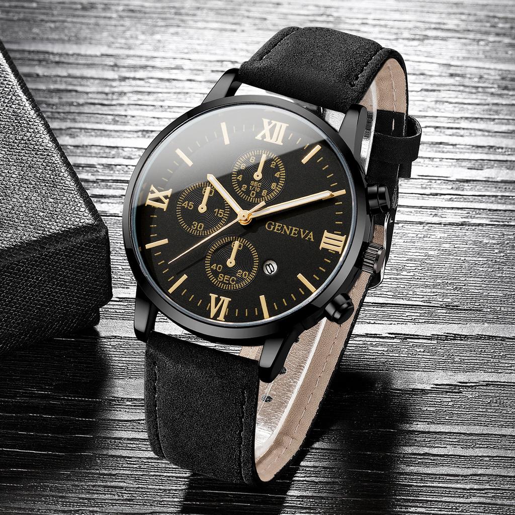 3pcs/set Men's Handsome Leather Watch Simple Roman Scale Three Eye Dial Men's Calendar Strap Quartz Combination Watch (No Box)