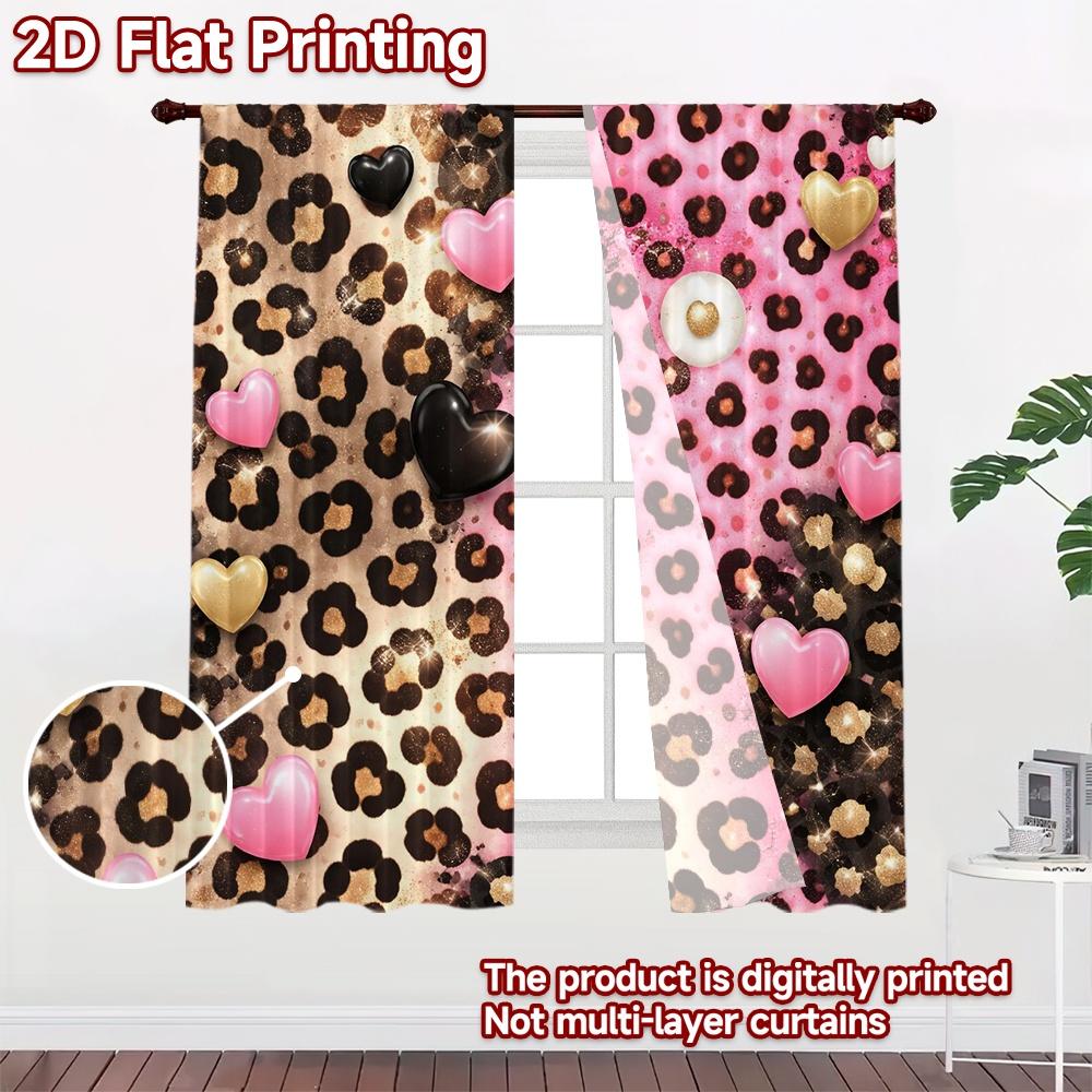 2D FLAT PRINTING 2pcs Curtains (Without Rod) Valentine's Hearts and Leopard Modern Window Curtain Durable Polyester Curtains