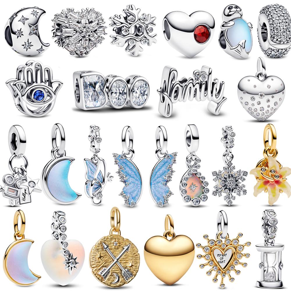 Sparkling Copper Pave Butterfly Dangle Charm Fit Original Bracelet Half Moon Snowflake Beads For Women Holiday Gift