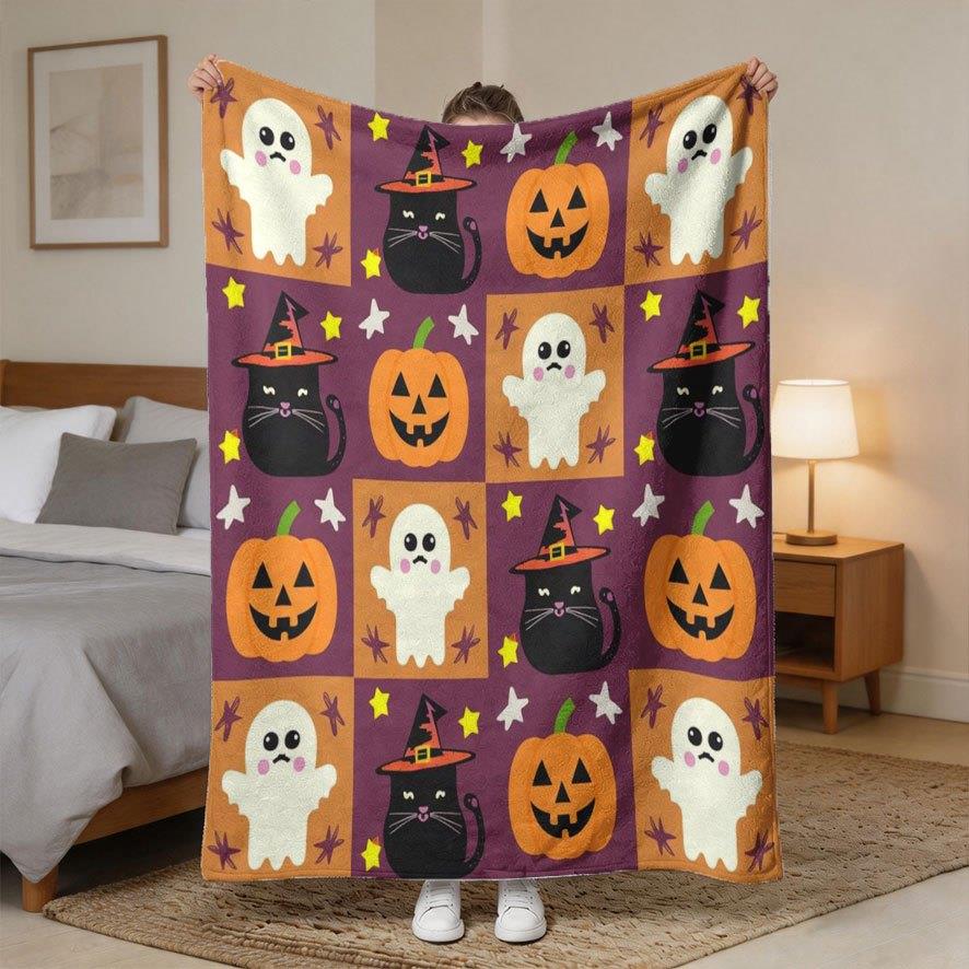 Halloween Plaid Black Cat And Pumpkin Print Flannel Blanket - Soft Quilted Bedspread Suitable for Naps Camping Travel - Warm Ant