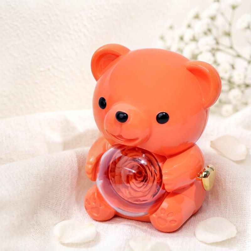 Patented Vibrant Orange Rotating Rose Bear Jewelry Box Flip for Surprise Mini ABS Jewelry Storage Box for Gift Retailers