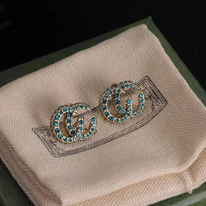 Серьги-гвоздики Gu Jia Double G с синими стразами - Винтажный дизайн из латуни с серебряной иглой