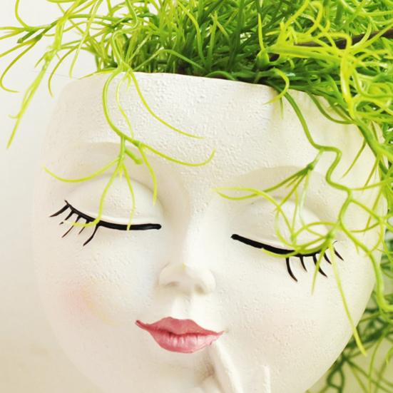 Face Planter Pot with Drainage Hole Resin 3D Women Head Figurine Flowerpot Indoor Outdoor Plants Container Home Balcony Garden Decoration