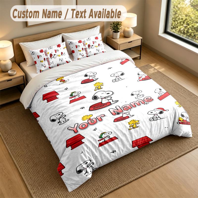 3Pcs Bedding Set Custom Name Text, 1 Sheet 2 Pillowcases Home Bed DecorSnoopy Peanuts