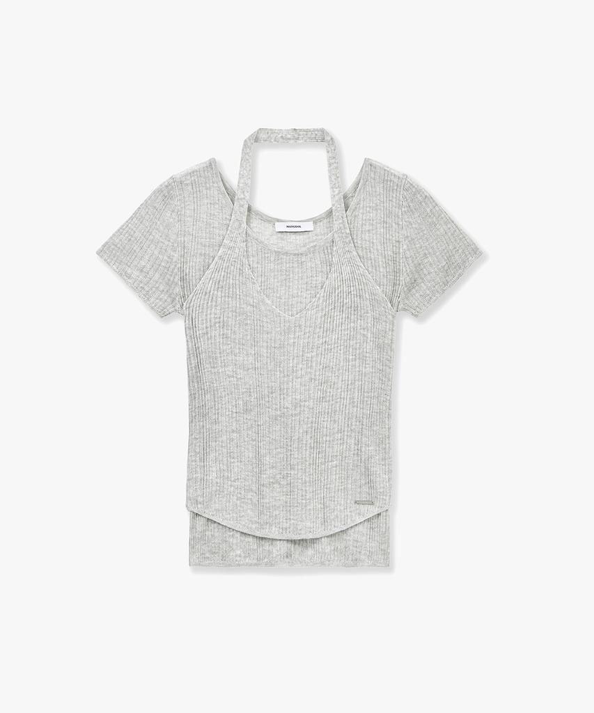 MONGDOL [Set] Ribbed Halterneck Sleeveless & Short Sleeve Knit Gray Mdkt129Gray