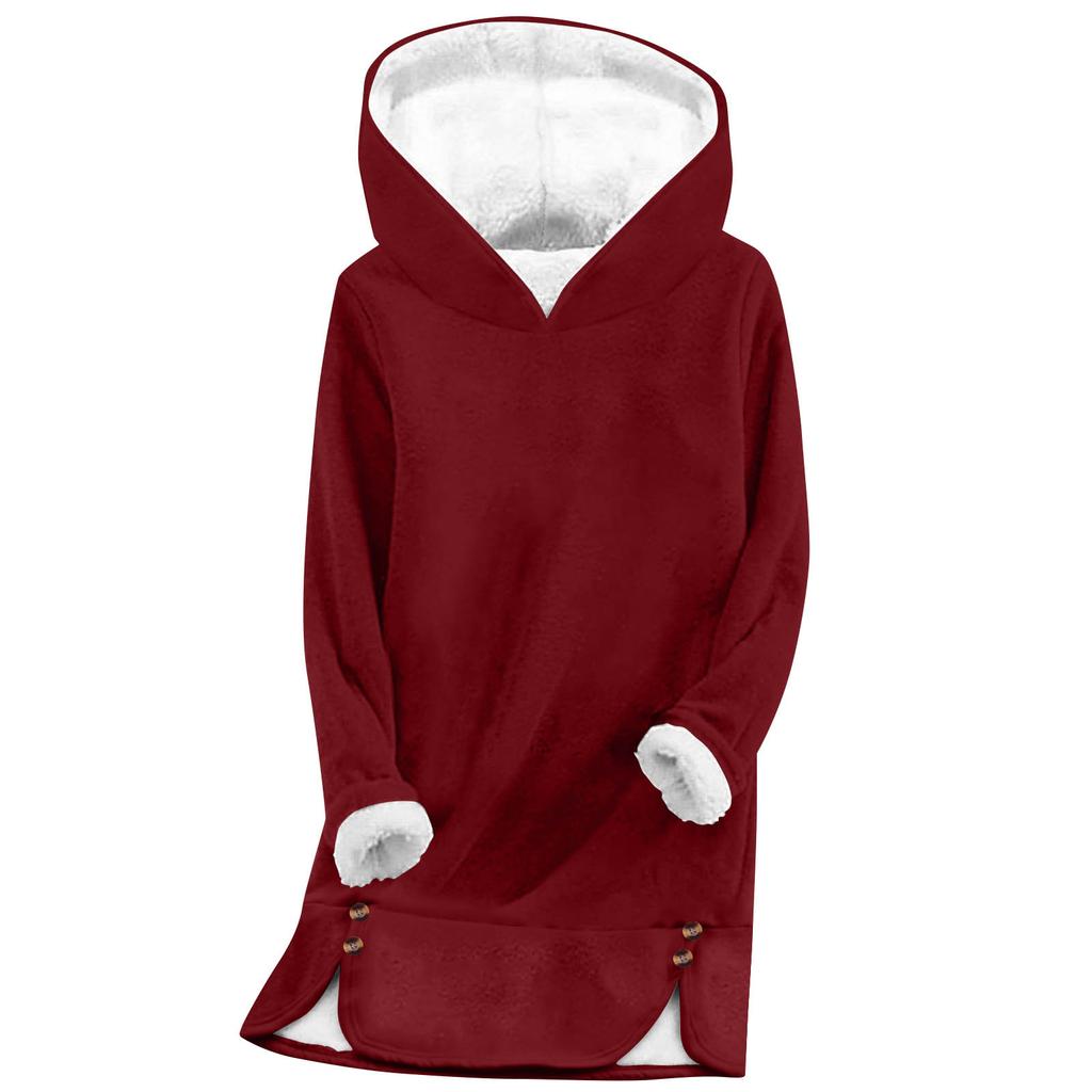 Women's Fashionable Solid Color Hooded Long Sleeved Plush Versatile Warm Bottom Shirt Top