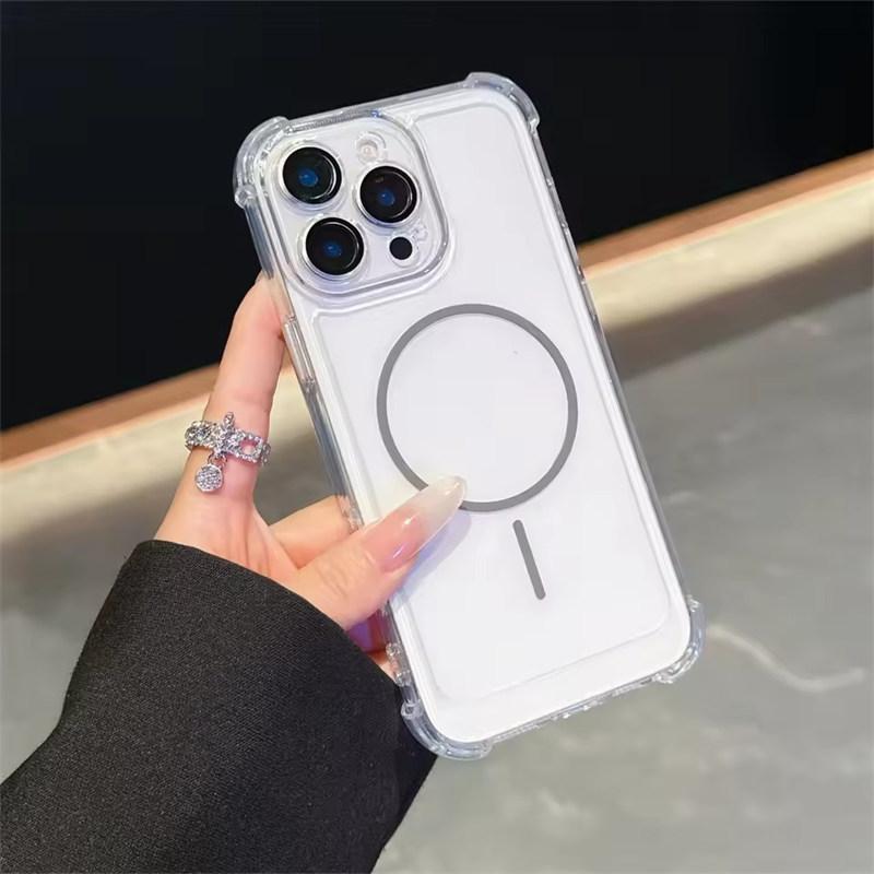 Роскошный Противоударный Прозрачный Чехол-бампер с Подушками Безопасности для MagSafe для iPhone 11 12 13 14 15 16 Pro Max Plus с Магнитной Беспроводной Зарядкой