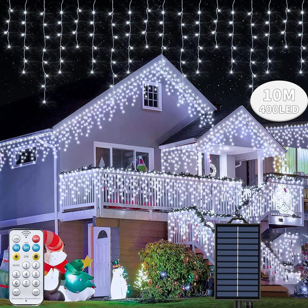 Large Solar Panel LED Icicle Christmas 400 10M Type C DIY Christmas Lights for and Illumination, Waterproof, Lights, White, Bulbs, Length,