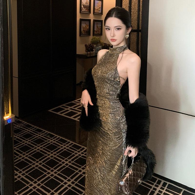 Sexy Femme Fatale Imported Gold and Silver From Korea, New Chinese Neck Top Backless Dress