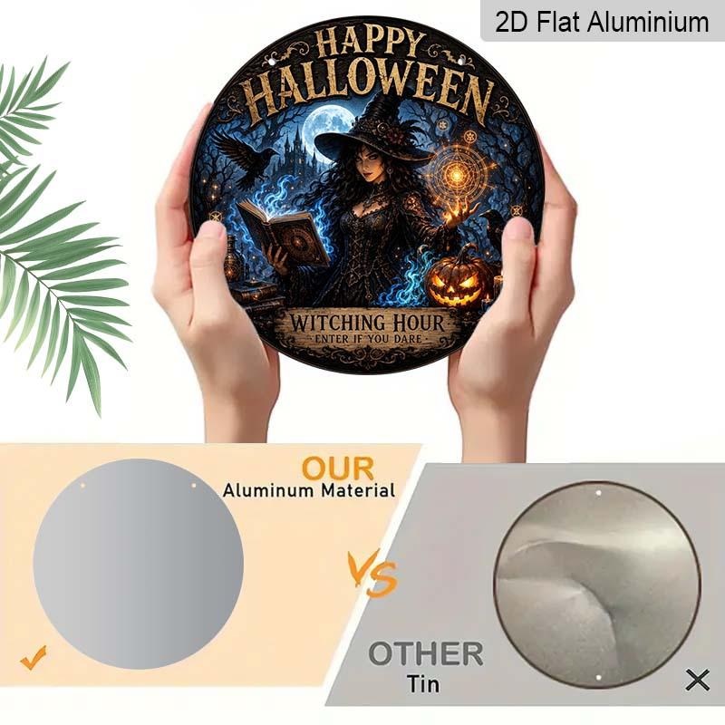 Happy Halloween Witching Hour Witch Crow Pumpkin Metal Wall Art 7.87x7.87 / 11.81x11.81 Inch Round Aluminum Sign for Home Garden Halloween Wall Decor