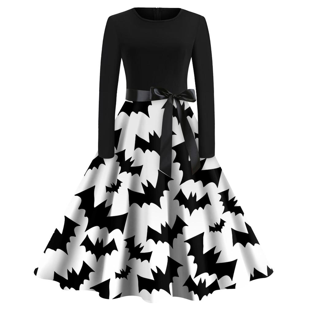 Женское платье с расклешенным принтом на Хэллоуин с длинным рукавом и круглым вырезом, вечерние повседневные платья