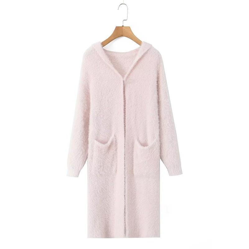 Womens Oversized Mohair Blend Hooded Cardigan With Pockets Mid-Length Open Front Sweater