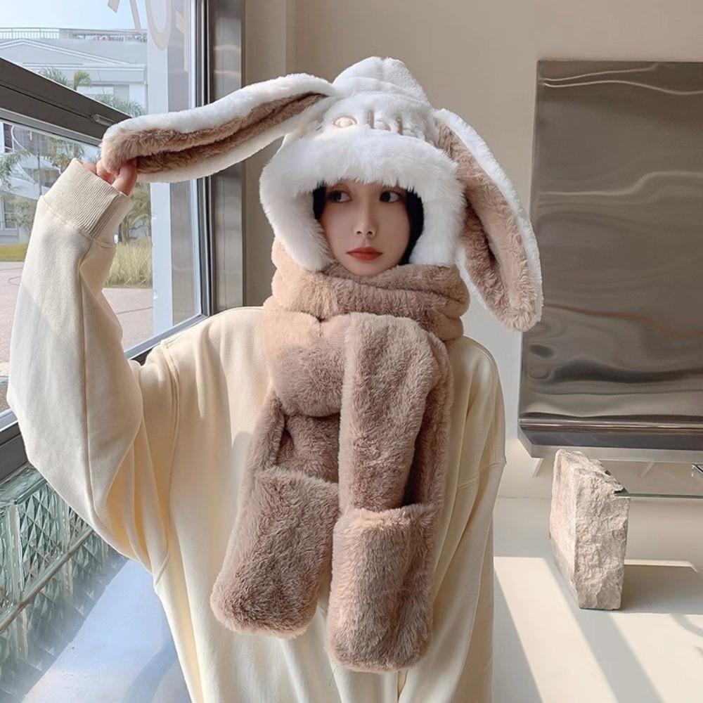 Thicken Plush Scarf Hat Gloves Set Keep Warm Plush Scarf Cute Hooded Scarf Women Girls
