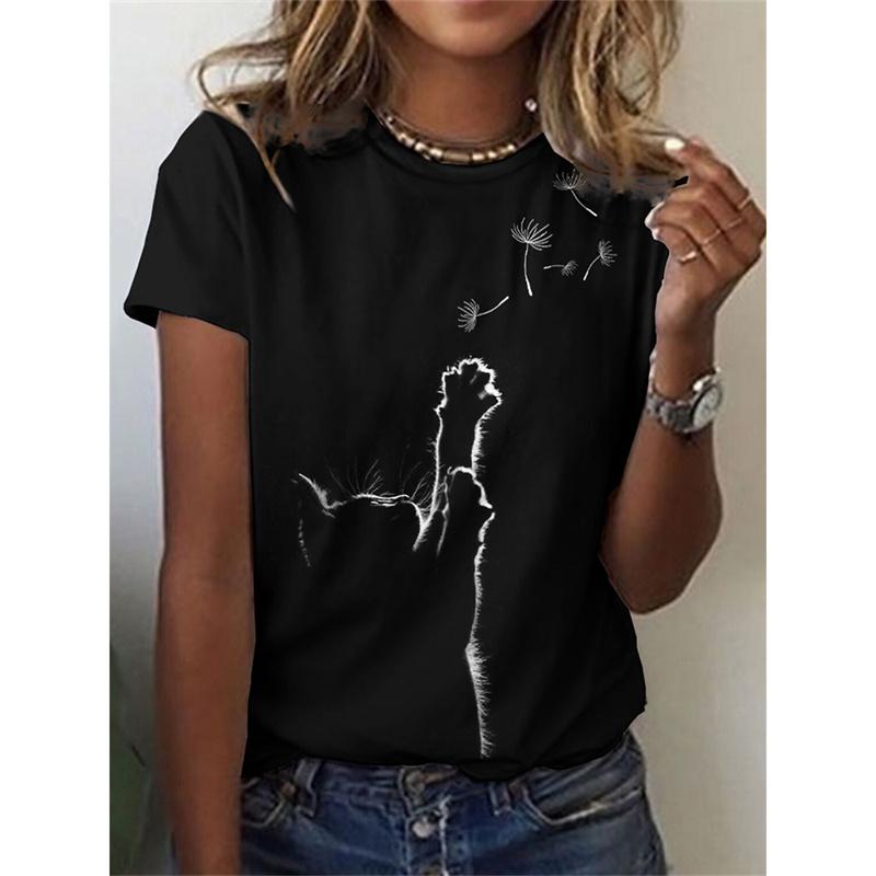 Милая футболка с рисунком собаки и кошки для женщин Футболки с 3D-принтом в виде животных Летние свободные футболки с короткими рукавами и круглым вырезом Топы в уличном стиле