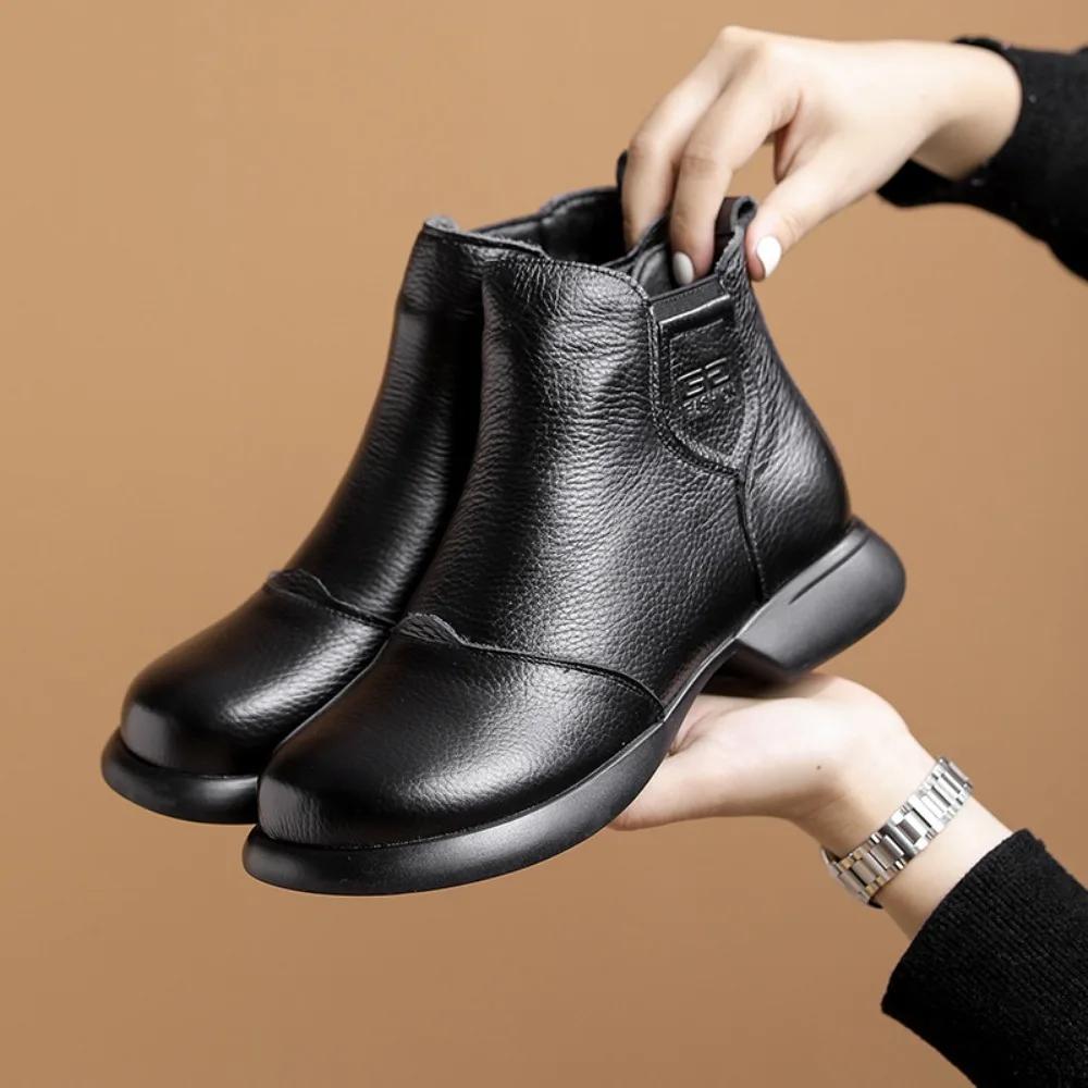 Женские сапоги осенне-зимние плюшевые и теплые хлопковые сапоги из натуральной кожи в стиле ретро с мягкой подошвой, нескользящие, среднего размера, хлопковые туфли для женщин