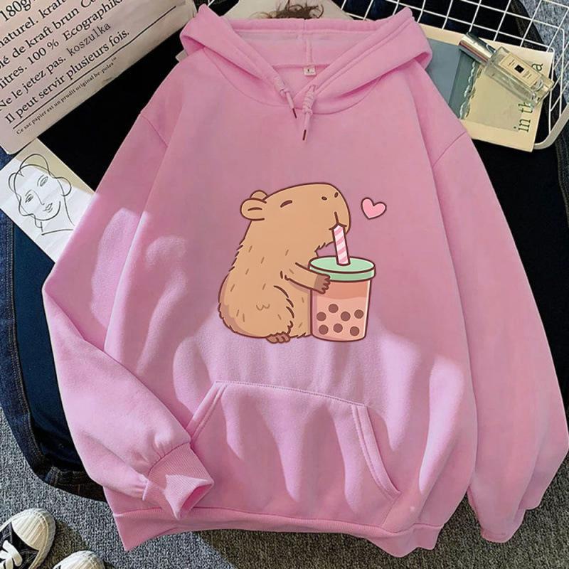 Ladies Spring Autumn Casual Hooded Long Sleeve Big Pocket Capybara Printed Pullover Hoodies Sweatshirt Top