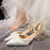 White Wedding Shoes for Women 2025 Summer Luxury Silk Pearl Ankle Straps High Heels Pumps Woman Pointed Toe Heeled Dress Shoes