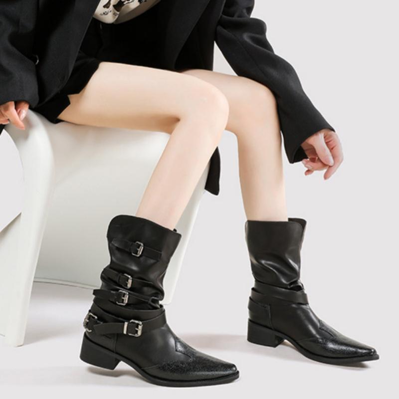 Fashion Fashionable Buckle Strap Boots 2025 Autumn Winter Versatile British Style Women's Boots Street Style Cowgirl Mid Heel Boots