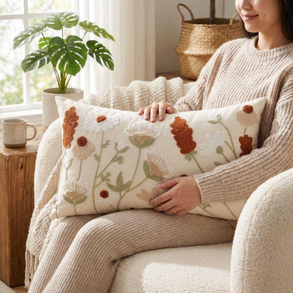 Pastoral Floral Embroidered Cushion Cover Canvas Decorative Pillow Case Living Room
