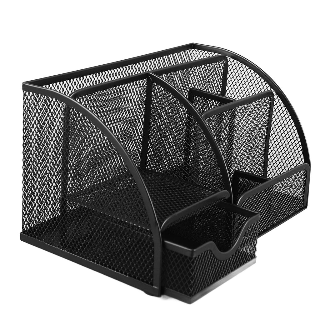 Сетчатый офисный настольный органайзер, многофункциональный, металлический, с 7 отделениями, держатель для ручек с ящиком, черный
