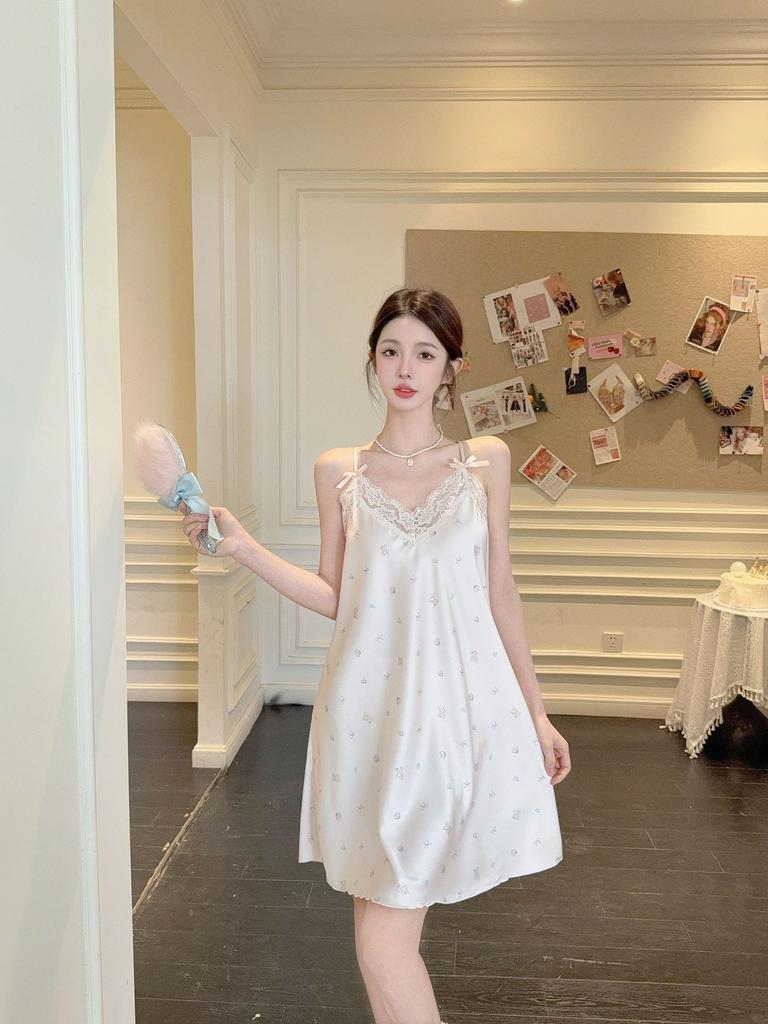 Summer ice silk new nightgown female sexy pure desire sweet lace princess style suspender skirt pajamas