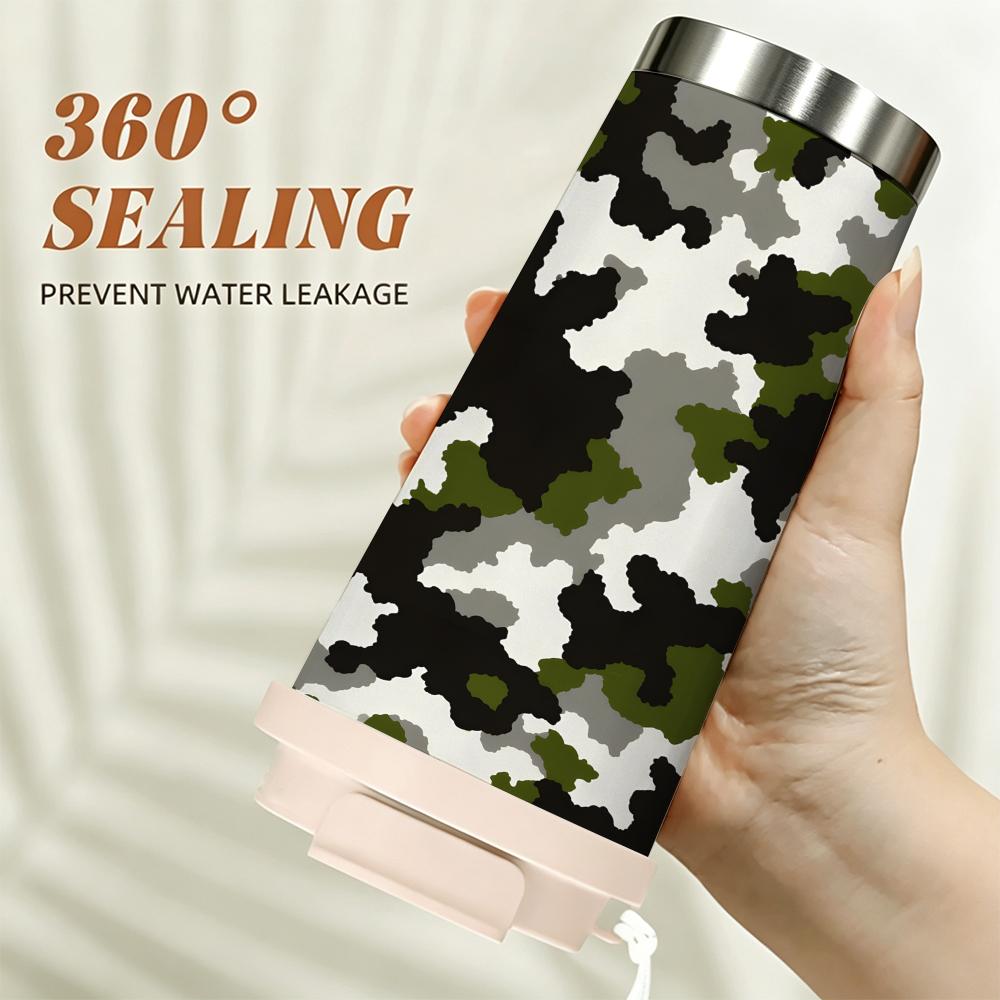 Camouflage Print Outdoor Travel Mug, Insulated Coffee Tumbler Walled Vacuum Thermal Cup, Leakproof Stainless Steel Flask for Camping Hiking