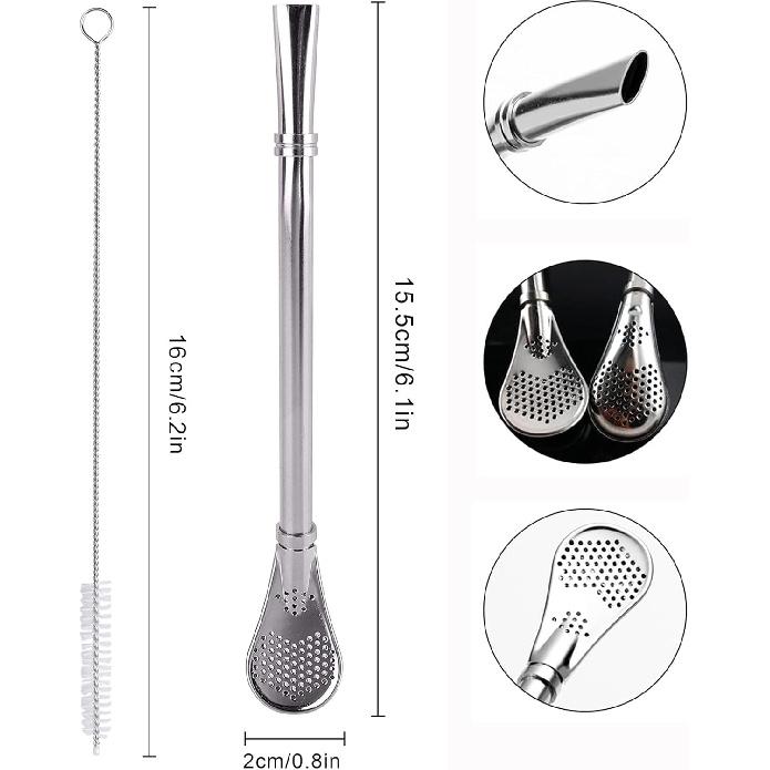 Bombilla Mate Yerba, 2 Pack Bombilla Yerba Mate Straw Filter, 2 in 1 Metal Straws Reble 304 Food-Grade Short Stainless Steel Straws Spoon Straw 6.2