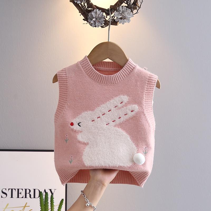 Вязаный жилет Жилет Милый кролик Девочка Пуловер Мультяшный Свитер без рукавов Топ