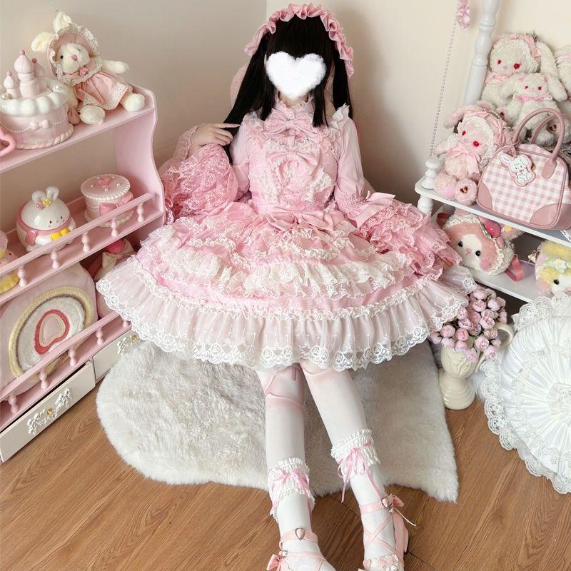 Японское готическое платье Лолиты для женщин Kawaii Bow Bear Кружевное платье с длинным рукавом Платье принцессы Подарок на Хэллоуин для девочек