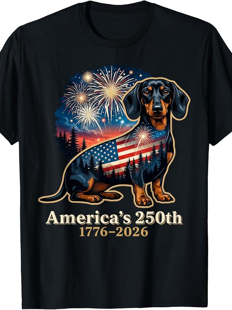 Funny Dachshund 4th of July TShirt Retro Casual Crew Neck Printed T-Shirt