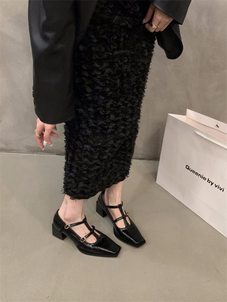 Высококлассные маленькие кожаные туфли на толстом каблуке, туфли-лодочки с открытым вырезом и квадратным носком, туфли на высоком каблуке, женские туфли Мэри Джейн на раннюю весну